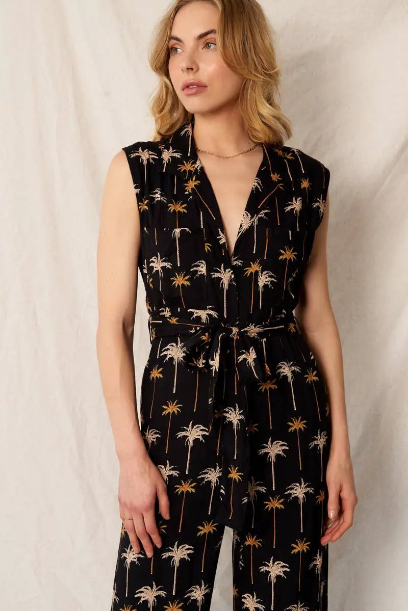 En Crème En Crème Palm Tree Print Cap Sleeve Belted Black Jumpsuit - Dresses