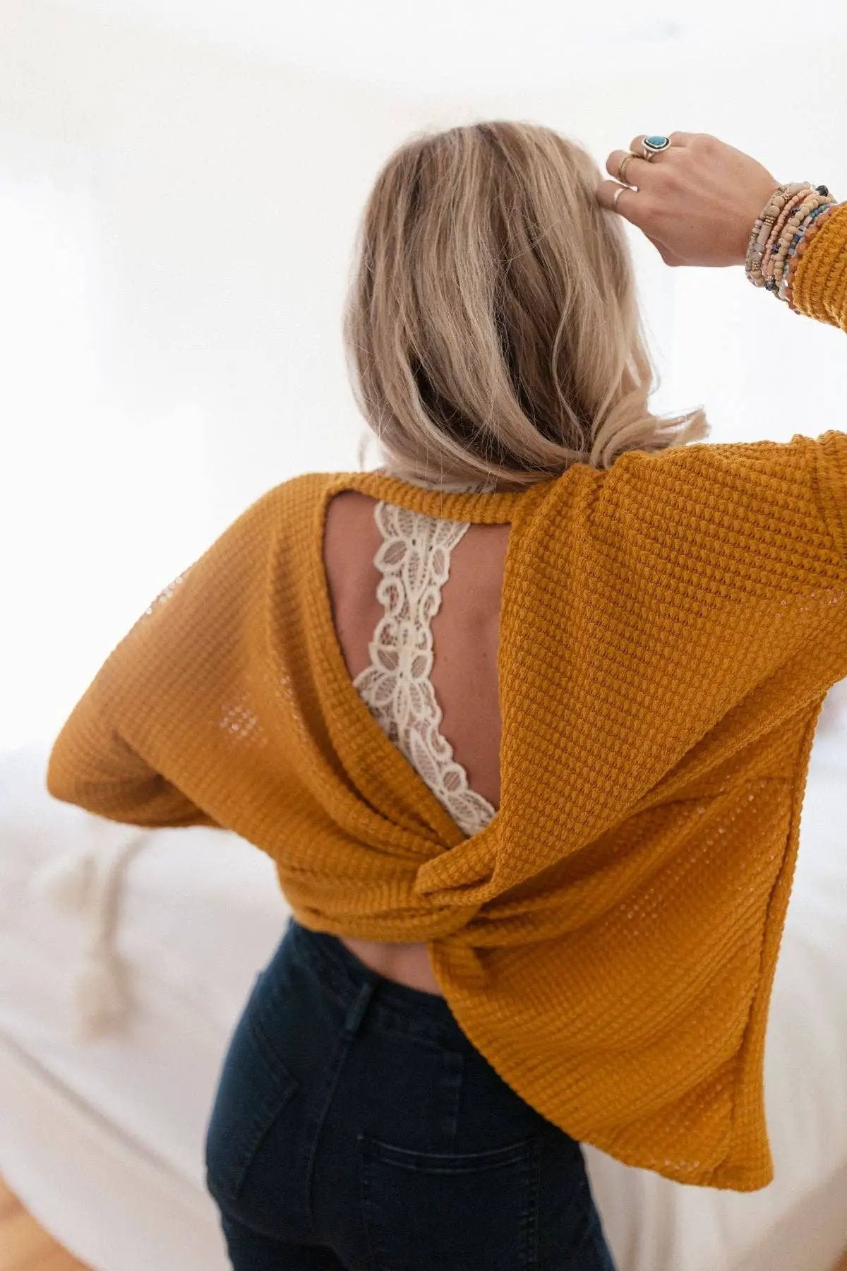 Three Bird Nest Three Bird Nest - Flattering Open Back Fall Thermal Knit Top in Mustard - Sweaters Three Bird Nest - Flattering Open Back Fall Thermal Knit Top in Mustard