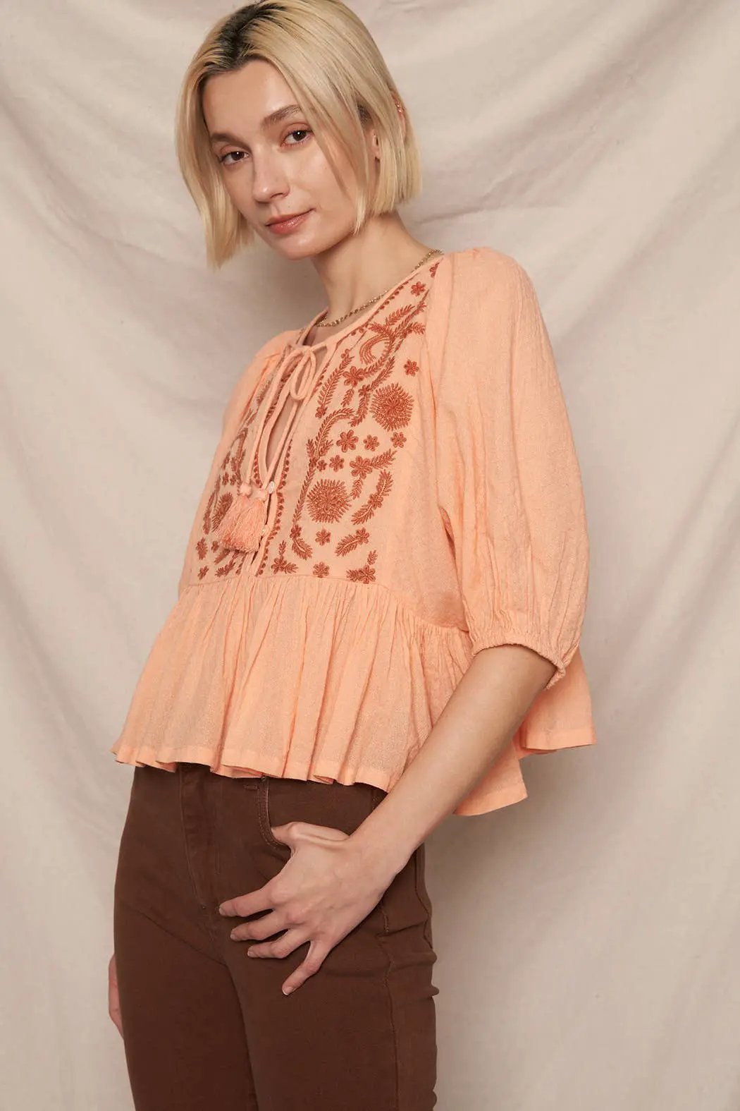 En Crème En Crème Coral & Rust Puff Sleeve Peplum Top with Embroidery Detail - Blouses Spring summer tops