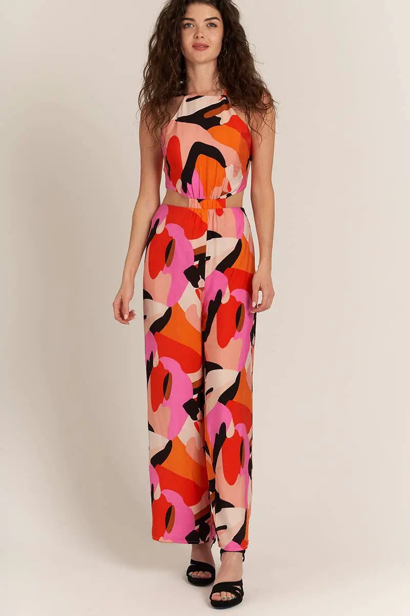 En Crème En Crème Black & Orange Printed Waist Cutout Sleeveless Jumpsuit - One-Pieces sleeveless jumpsuit