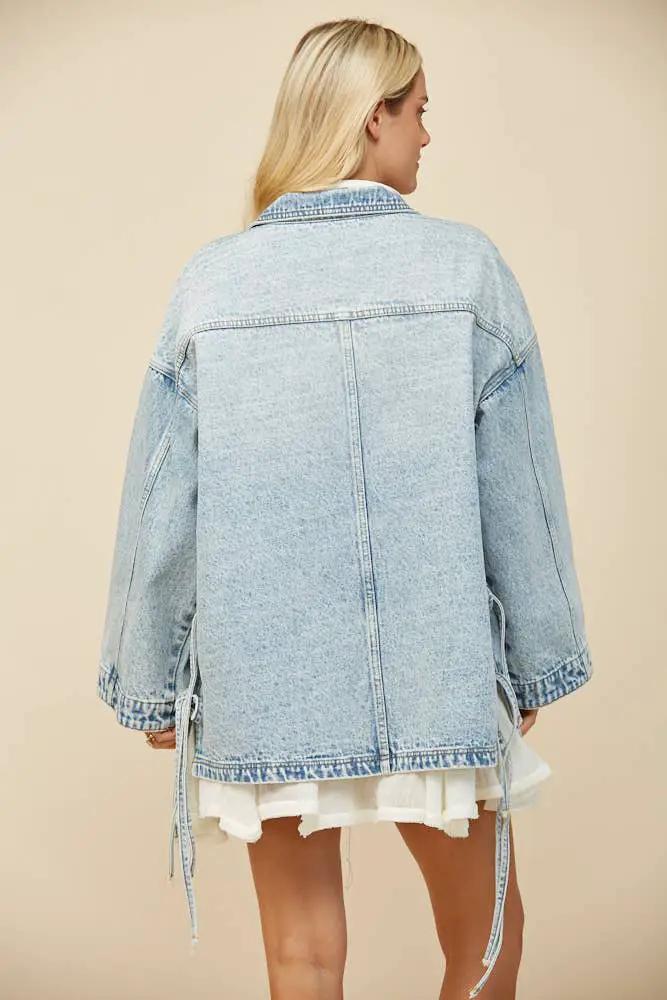 WISTERIA LANE Wisteria Lane - Free Spirit Side-Tie Oversized Light Wash Denim Jacket - Coats & Jackets