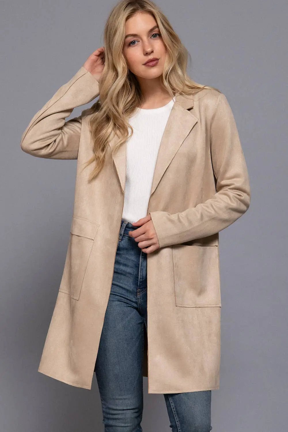 Active Basic | Active USA Active Basic | Active USA - Long Sleeve Open Front Faux Suede Jacket - Coats & Jackets