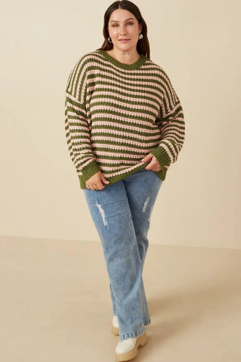 Hayden LA Hayden LA - Womens Striped Drop Shoulder Low Gauge Sweater: Olive & Pink Mix - Sweaters