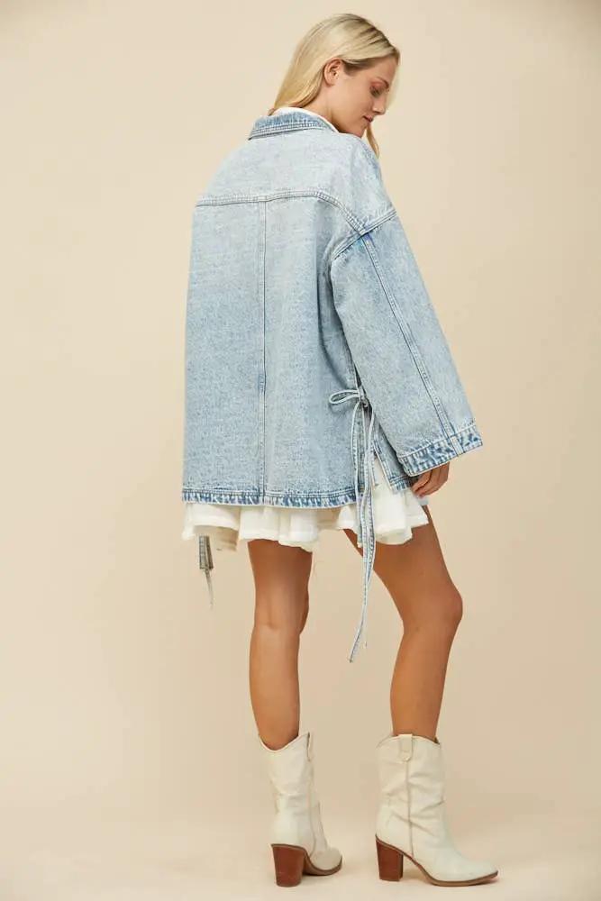 WISTERIA LANE Wisteria Lane - Free Spirit Side-Tie Oversized Light Wash Denim Jacket - Coats & Jackets
