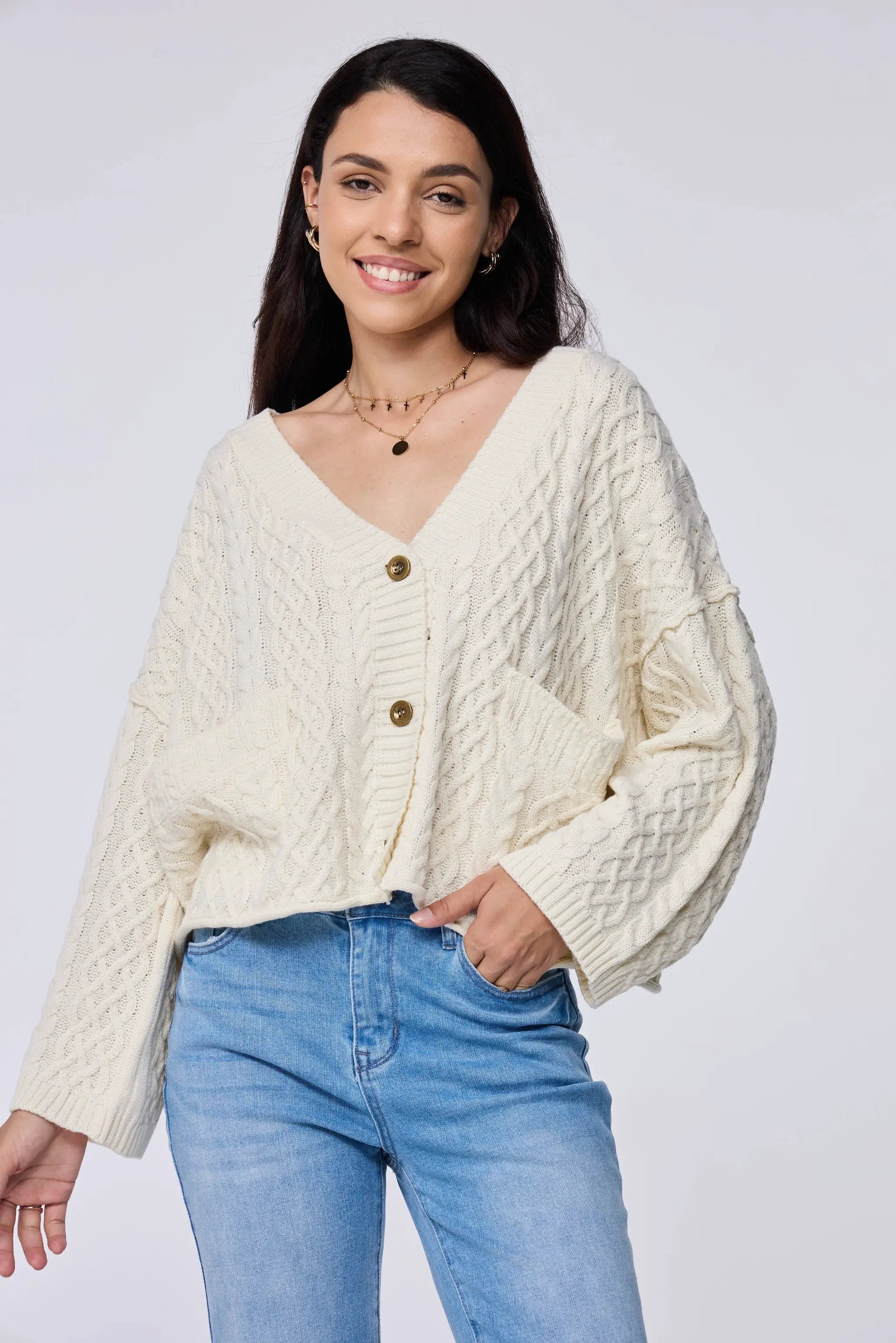 Lovesoft Lovesoft - 100% Acrylic Relaxed Cozy Cable Knit Cardigan - Apricot - Cardigans