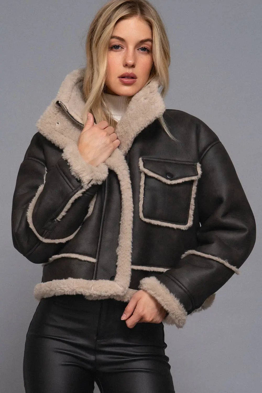 Active Basic | Active USA Active Basic | Active USA - Black Long Sleeve Pocket Detail Faux Leather Inner Fur Jacket - Bomber Jackets