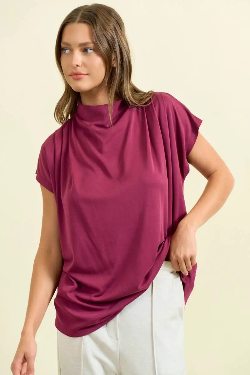 Doe and Rae The Velvet Current Draped Dolman Top – Burgundy - Blouses