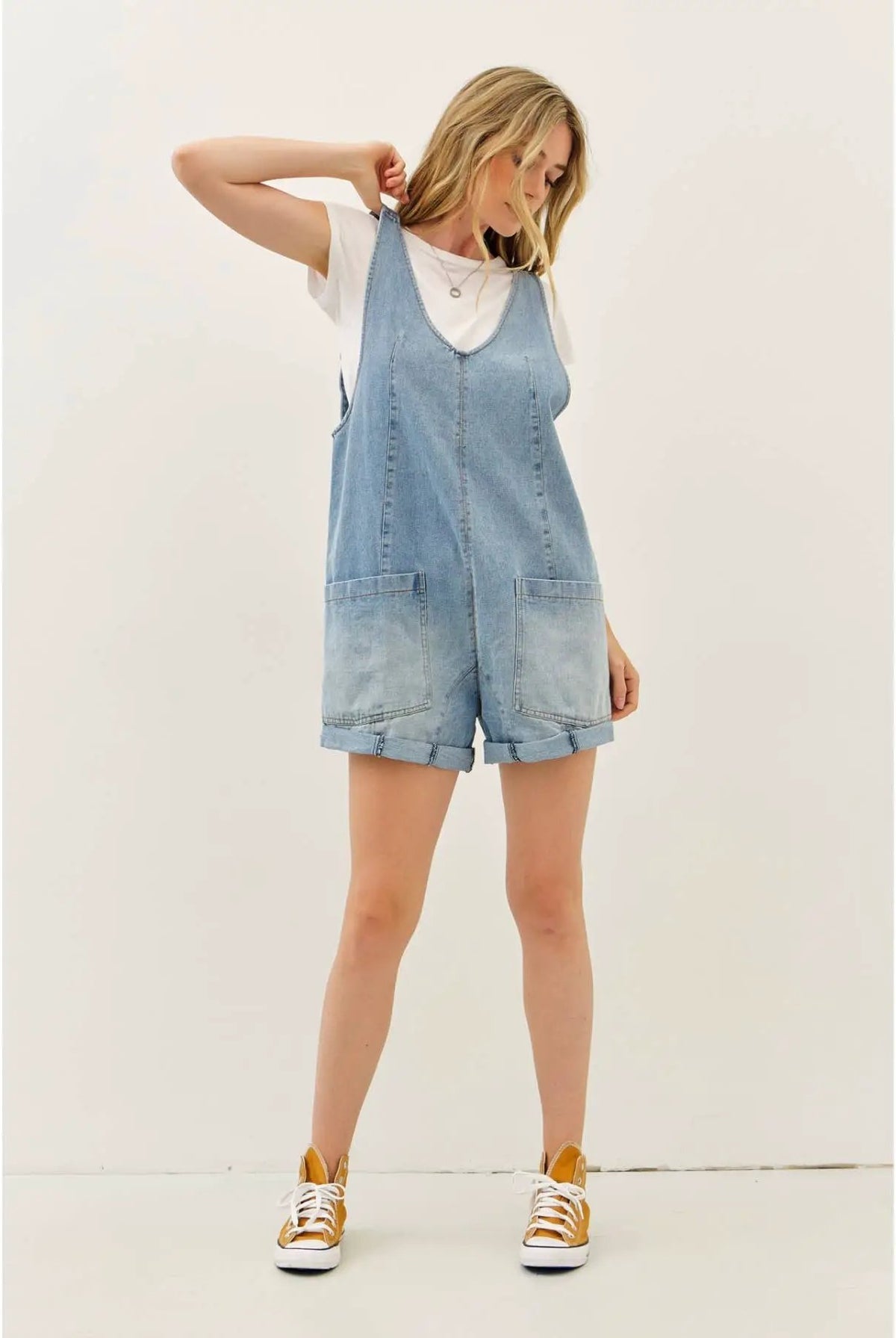 idem ditto RELAXED FIT WASHED DENIM ROMPER WITH FRONT POCKETS - One-Pieces