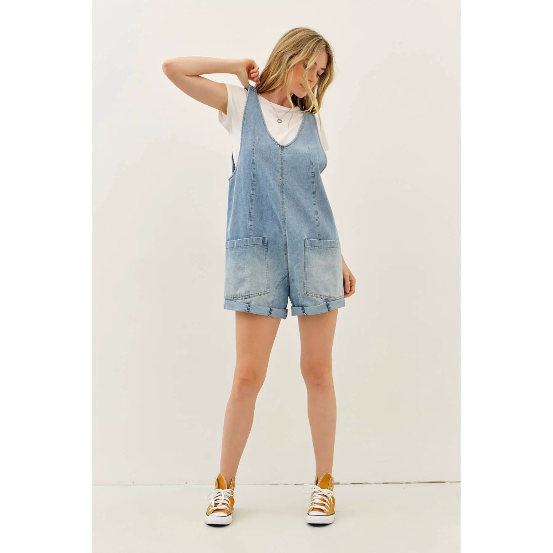 idem ditto RELAXED FIT WASHED DENIM ROMPER WITH FRONT POCKETS - One-Pieces