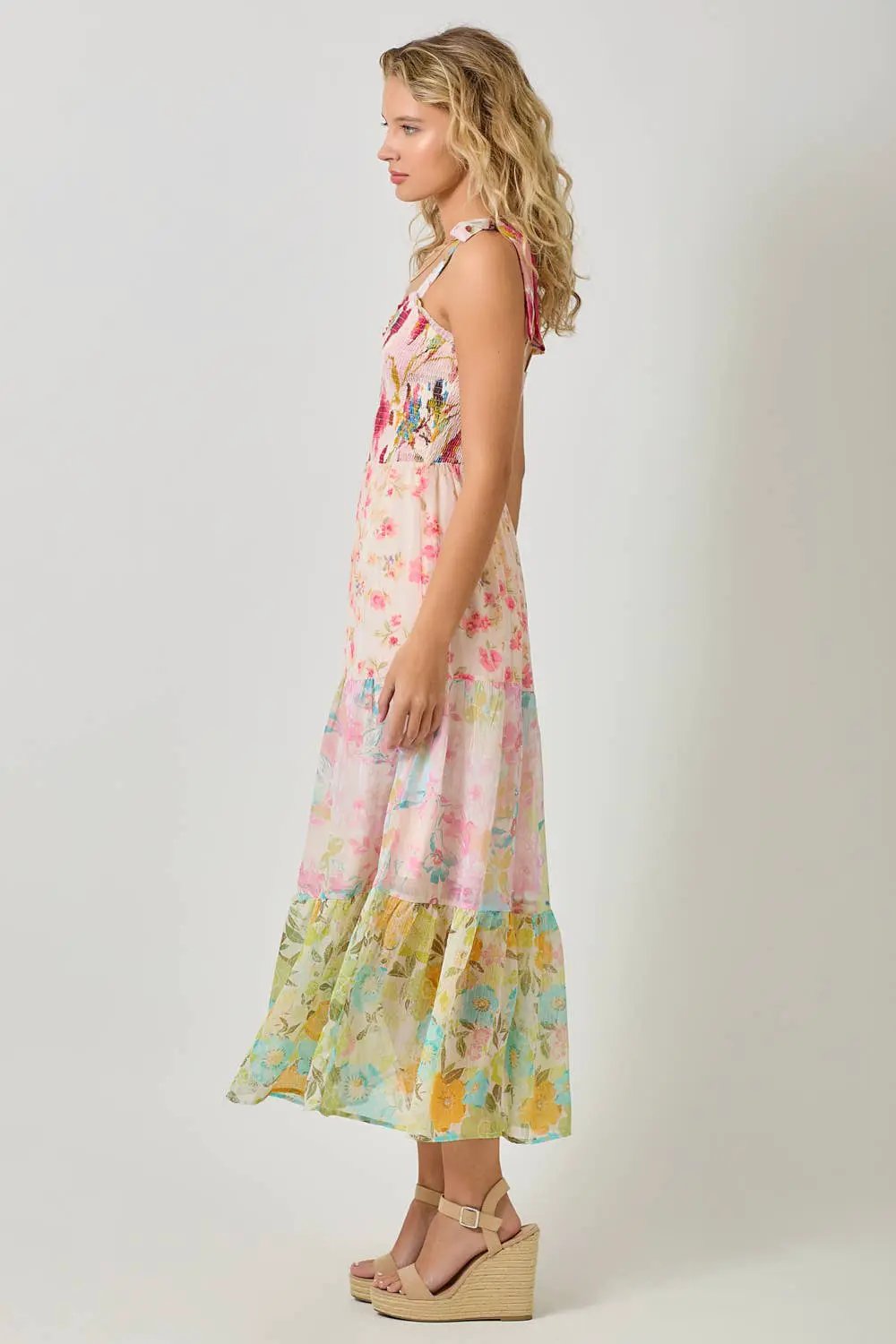 Mystree Mystree Rose Mix Strap Tied Smocked Top Tiered Long Dress - Dresses