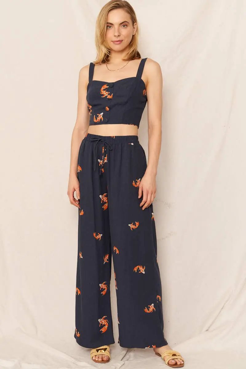 En Crème En Crème Navy & Orange Koi Fish Print Wide Leg Pants - Pants wide leg pants