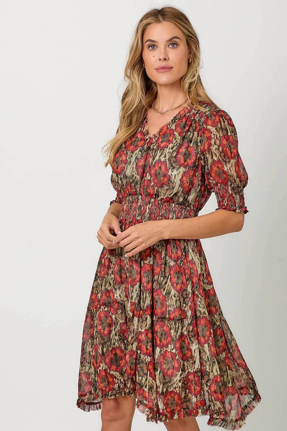 Mystree Mystree Red/Sage Lurex Flower Dress - Dresses