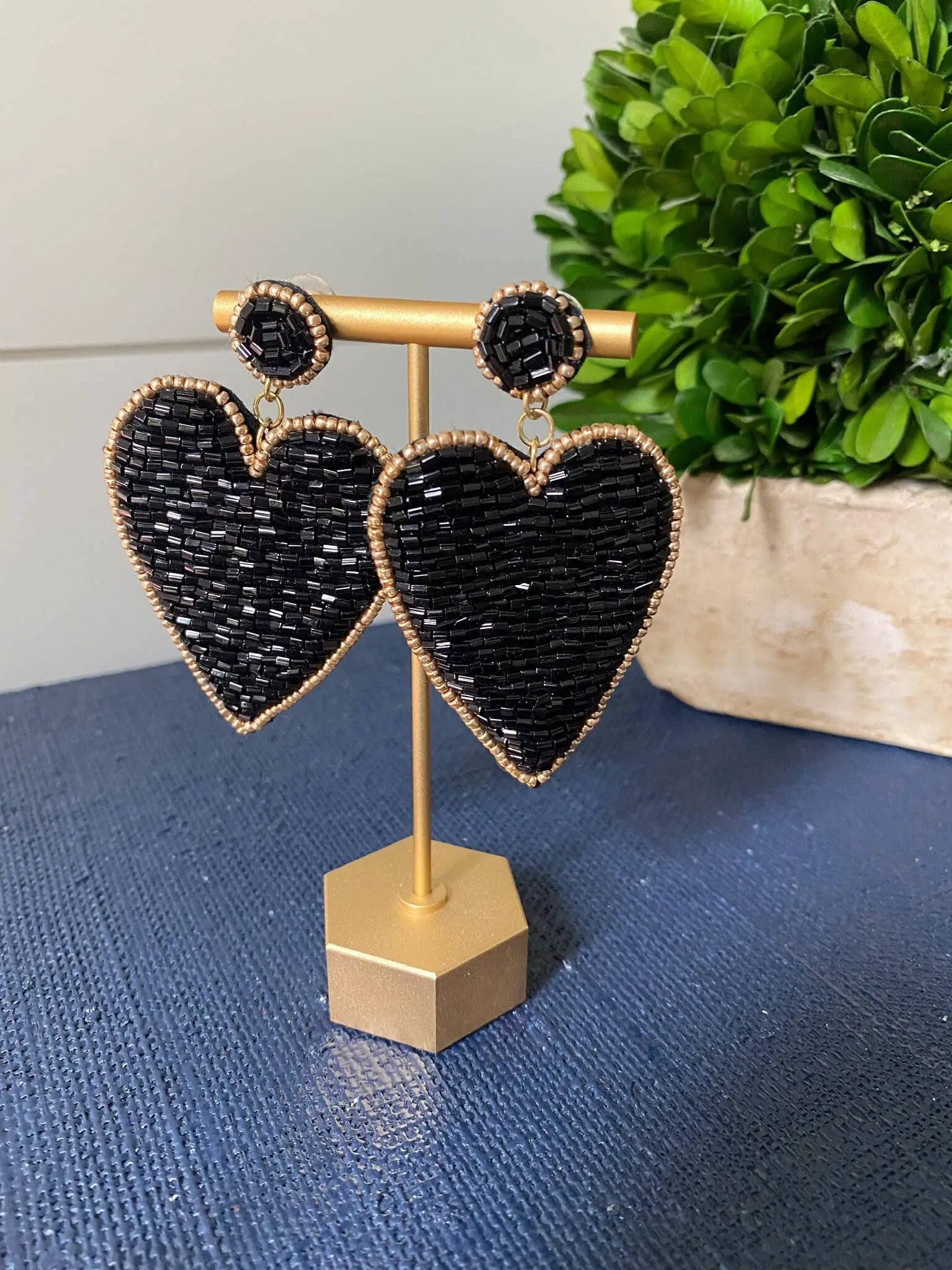 Brookhaven Baubles Black Beaded Heart Earrings with Gold Accents - Earrings black beaded heart earrings