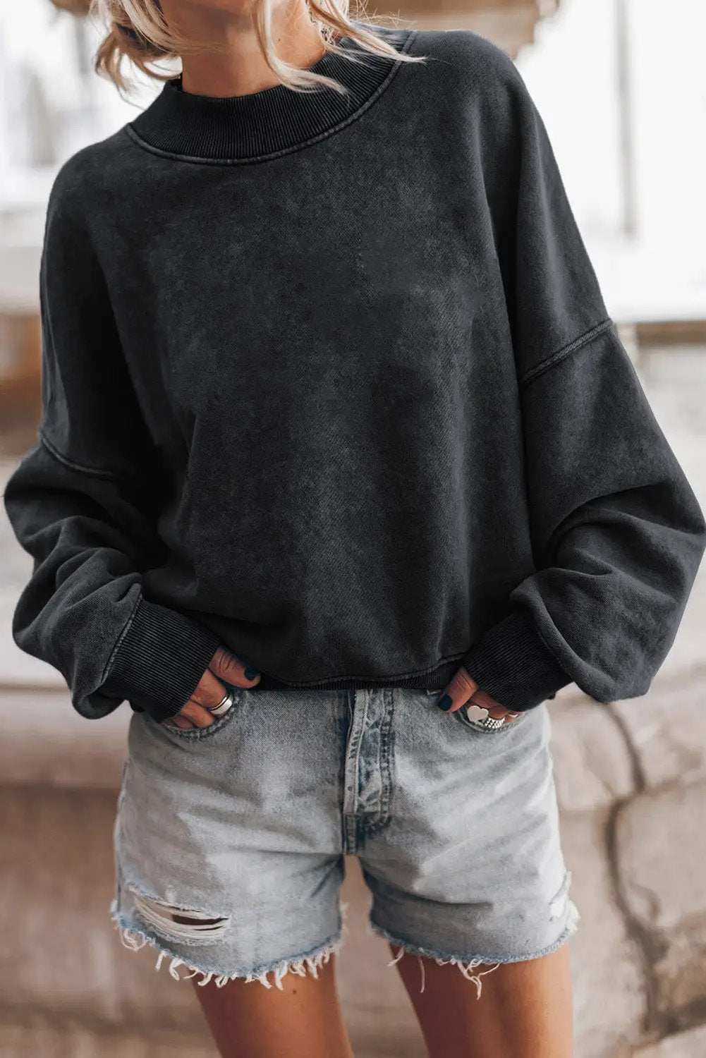 Grateful Threads Boutique Black Drop Shoulder Mineral Wash Crew Neck Pullover Sweatshirt - Sweatshirts Black Drop Shoulder Mineral Wash Crew Neck Pullover Sweatshirt