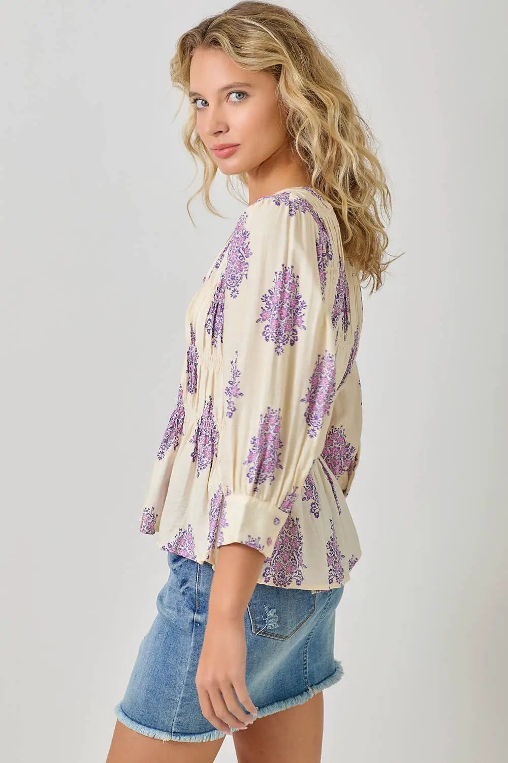 Mystree The Lavender Fields Puff Sleeve Smocked Blouse - Blouses