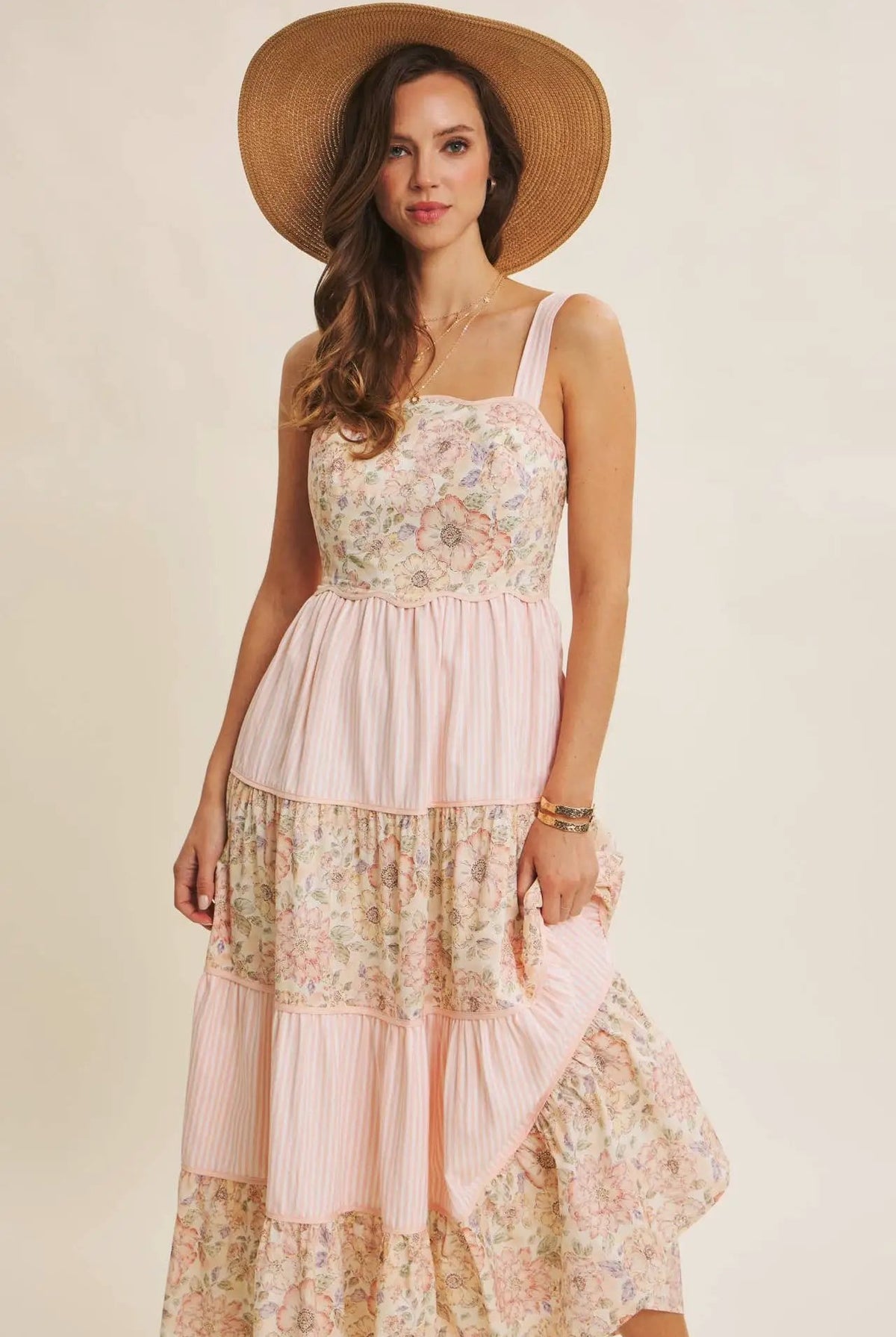 in february The Dreamy Tiered Patchwork Midi Dress: Peach Multi - Dresses