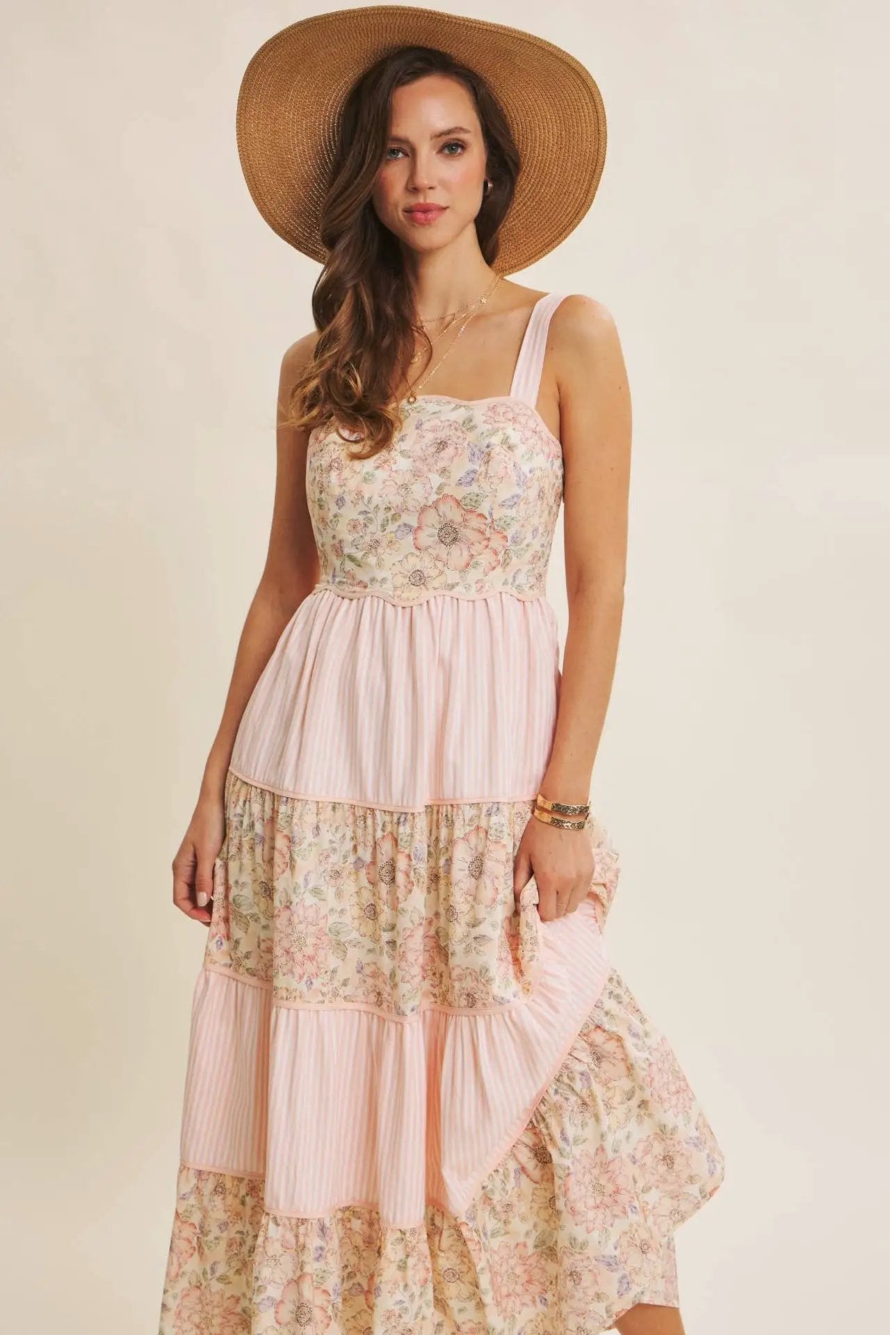 in february The Dreamy Tiered Patchwork Midi Dress: Peach Multi - Dresses