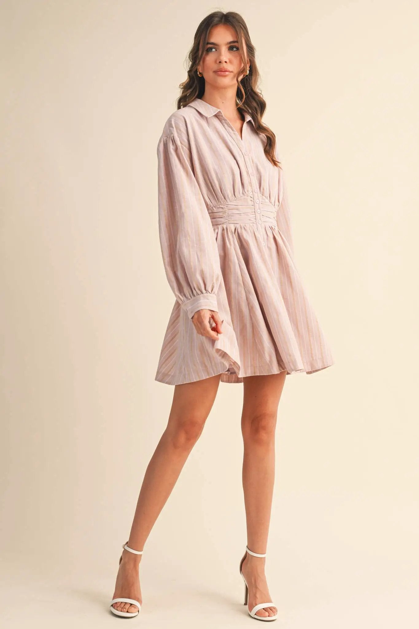 &MERCI Blushing Stripes Ruched Waist Mini Dress - Dresses