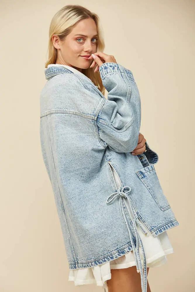 WISTERIA LANE Wisteria Lane - Free Spirit Side-Tie Oversized Light Wash Denim Jacket - Coats & Jackets