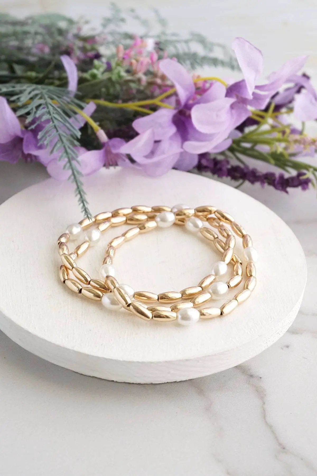 PennyLine inc Gold tone and pearls beaded bracelet stack of 3 bracelets - Jewelry gold tone and pearl bracelet stack