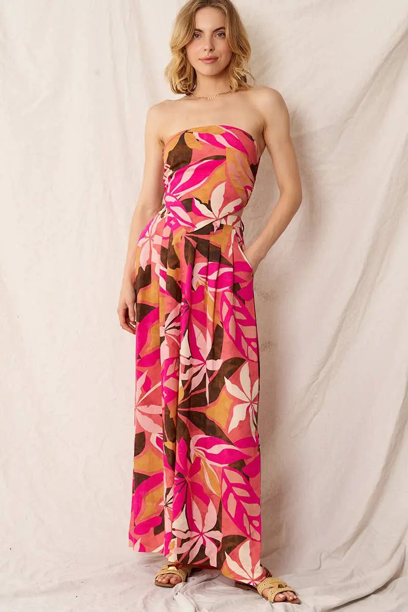En Crème En Crème Pink Multi Printed Pleated Wide Leg Pants - Pants