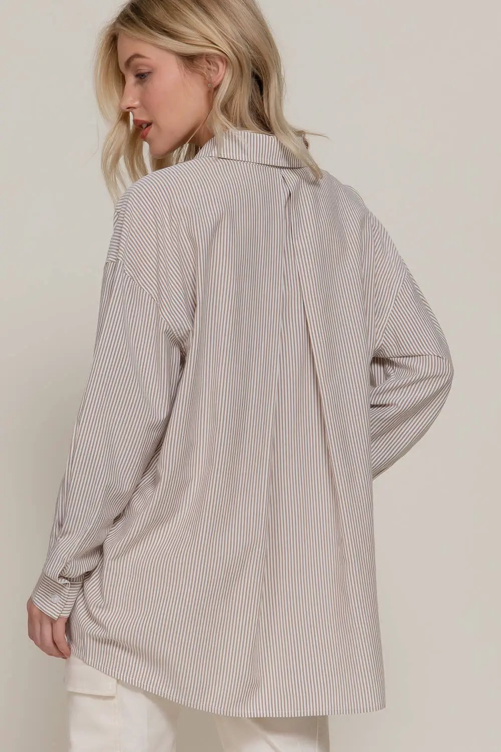 Active Basic | Active USA Active Basic | Active USA - Long Dolman Sleeve Oversized Stripe Button Up Collared Shirt: Khaki/Off White - Clothing Tops
