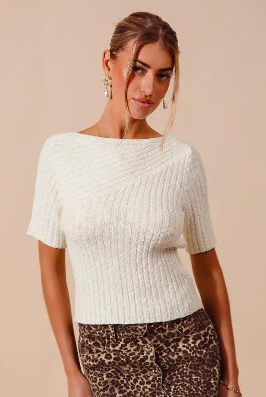 So Me Bias Knitted Boat Neck Fitted Rib Neck Ivory Sweater Top - Sweaters knitted boat neck sweater top