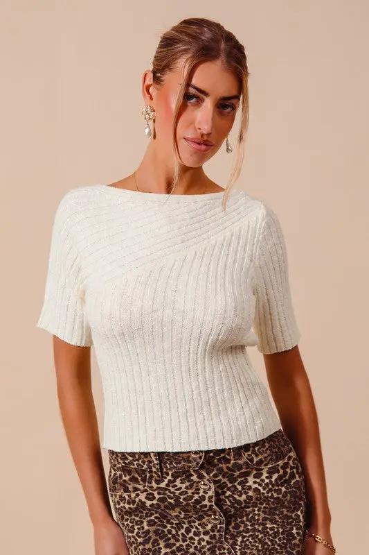 So Me Bias Knitted Boat Neck Fitted Rib Neck Ivory Sweater Top - Sweaters knitted boat neck sweater top