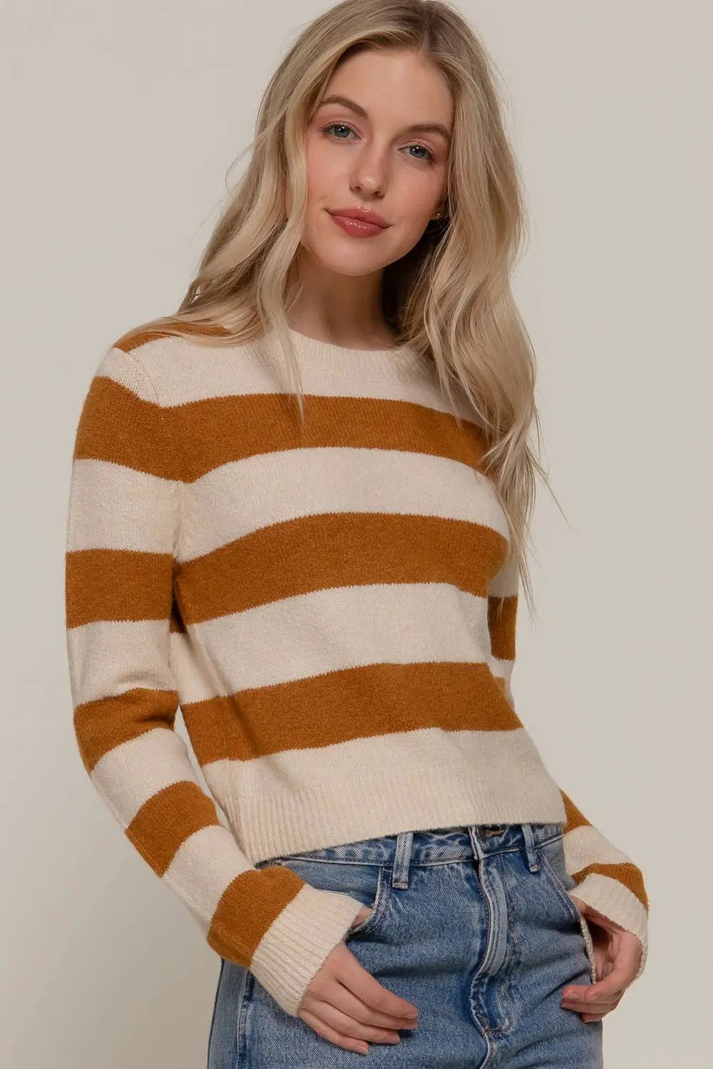 Active Basic | Active USA Active Basic | Active USA - Long Sleeve Crew Neck Stripe Sweater: Camel/Ivory - Sweaters tops-sweaters