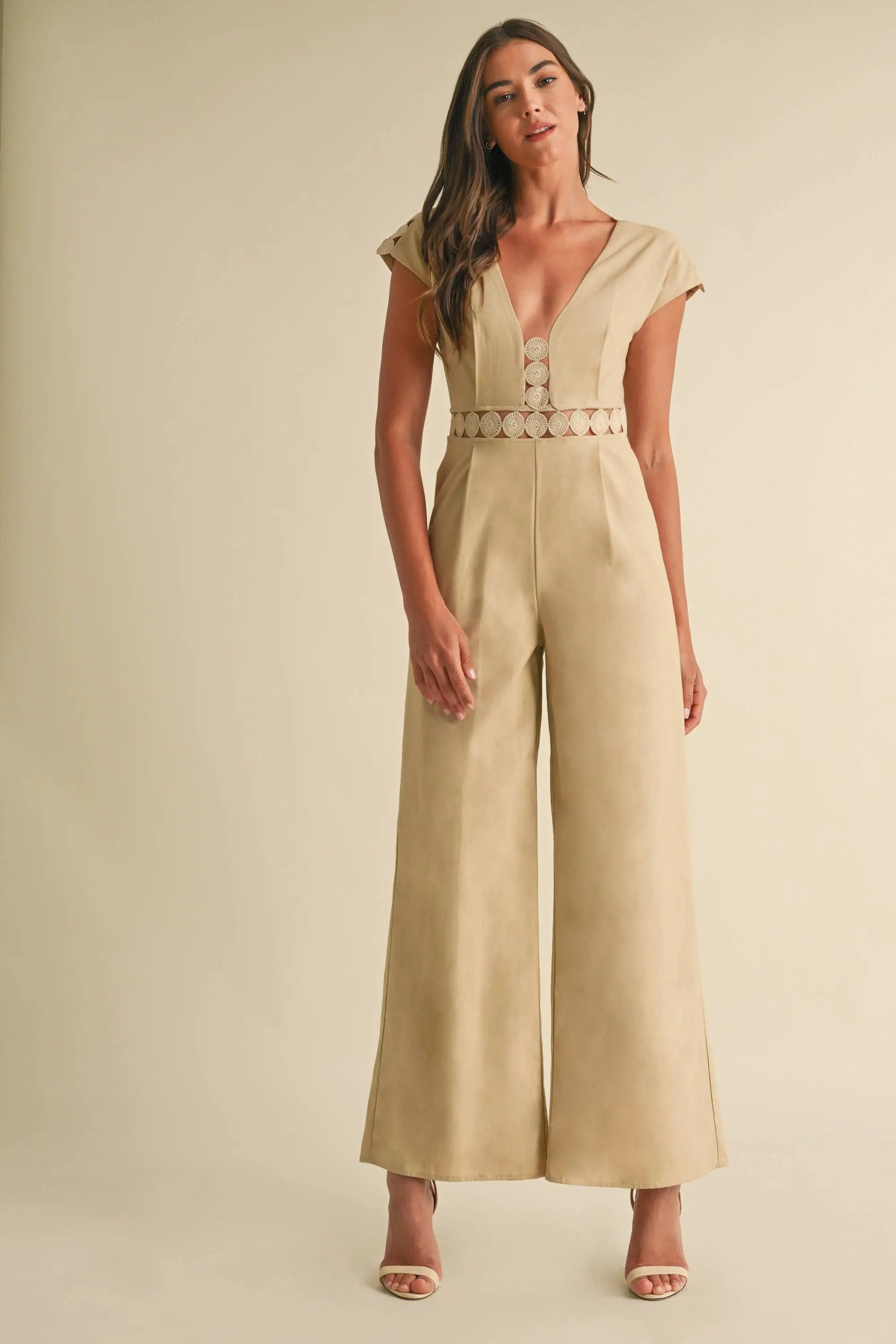 Endless Blu Endless Blu Beige Sleeveless Jumpsuit - One-Pieces