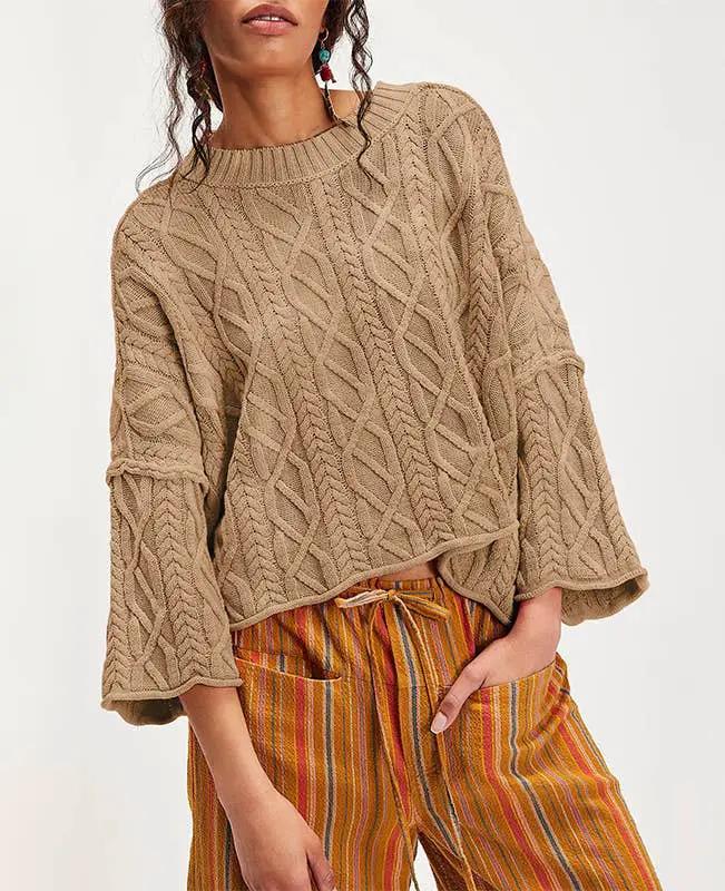 Lovesoft Lovesoft - 100%Acrylic Cropped 7/8 Bell Sleeve Cable Knit Sweater: Khaki - Sweaters