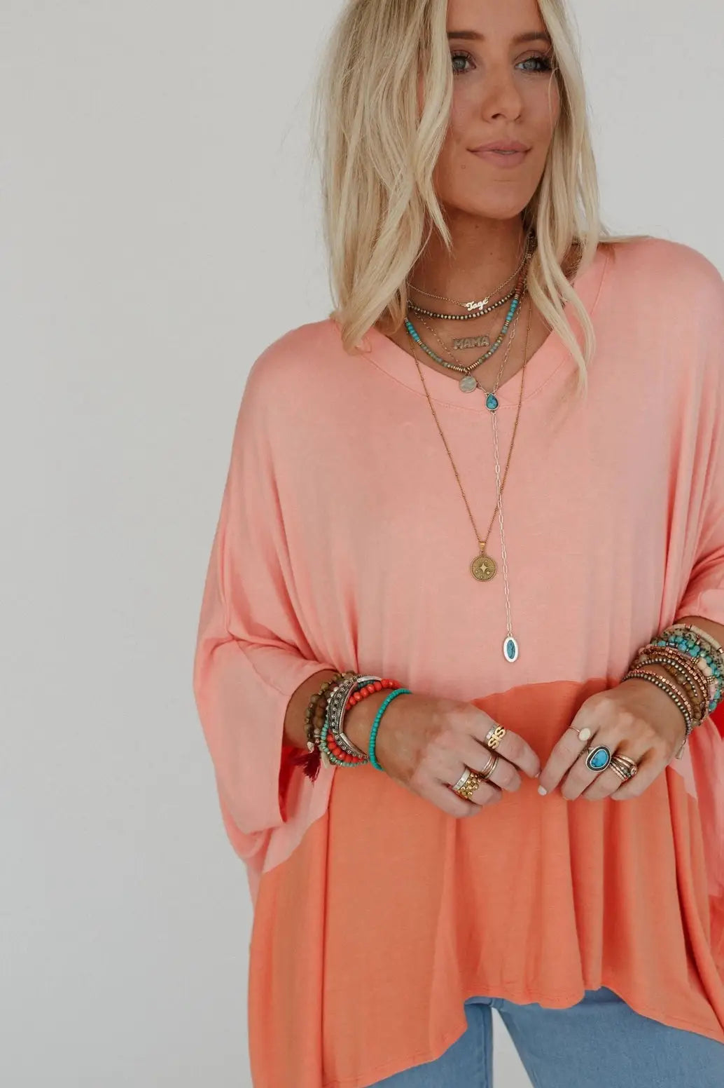 Grateful Threads Boutique Grapefruit Orange Contrast Color Patchwork Oversized Side Split Top - Clothing Tops