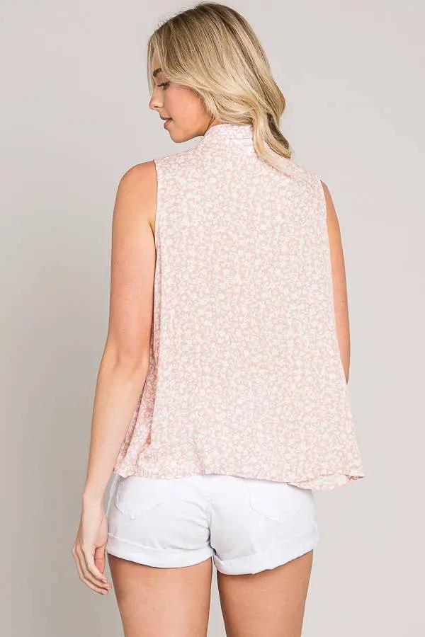 Cerule Ditsy Floral Button Up Sleeveless Ruffle Tiered Woven Shirt - Shirts