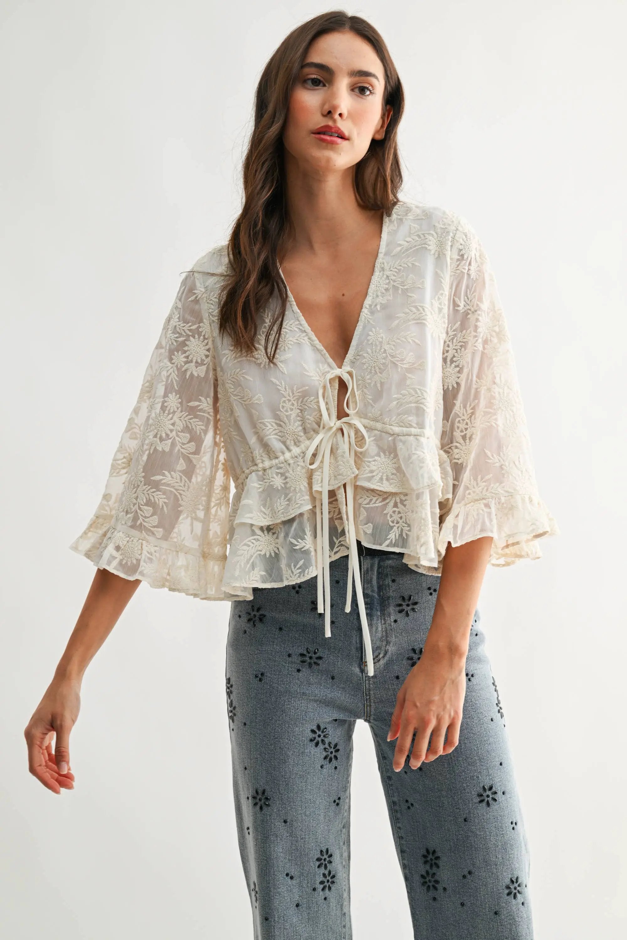 Camellia The Boho Embroidered Sheer Flowy Bell Sleeve Blouse: CREAM - Blouses