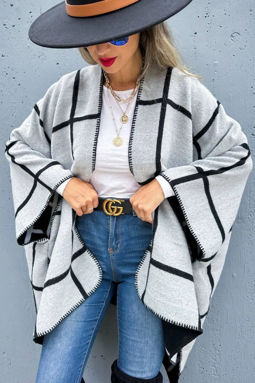 AMOLI AMOLI - Black Grey Dual-Tone Check Printed Cozy Reversible Ruana - Cardigans
