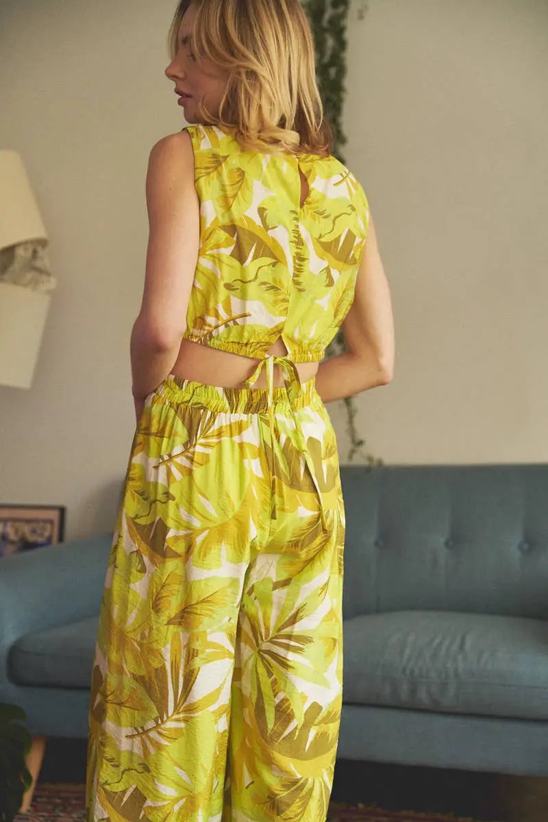En Crème En Crème Multi Lime Printed Cropped Top and Wide Leg Pants Set - Outfit Sets crop top and wide leg pants set