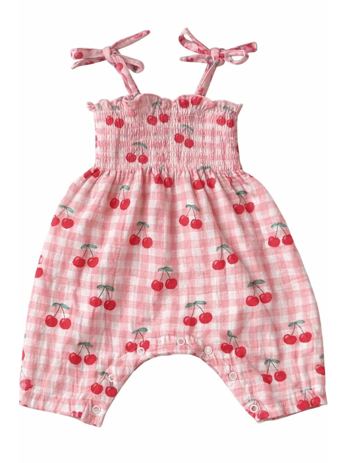 SIIX Collection SIIX Collection - Gingham Cherries / Muslin Smocked Jumpsuit - Baby One-Pieces