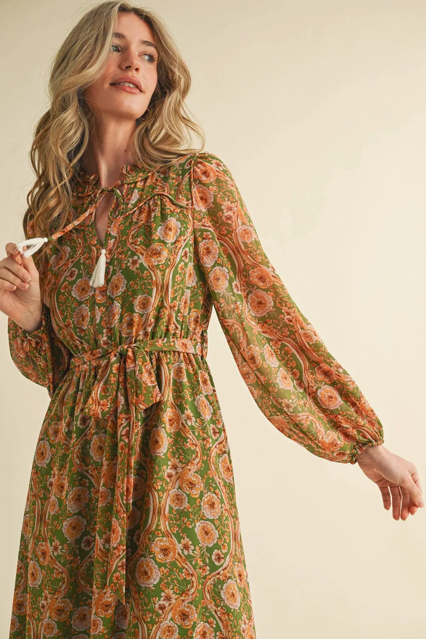 &MERCI Golden Grove Tassel Belted Midi Dress – Olive Floral - Dresses