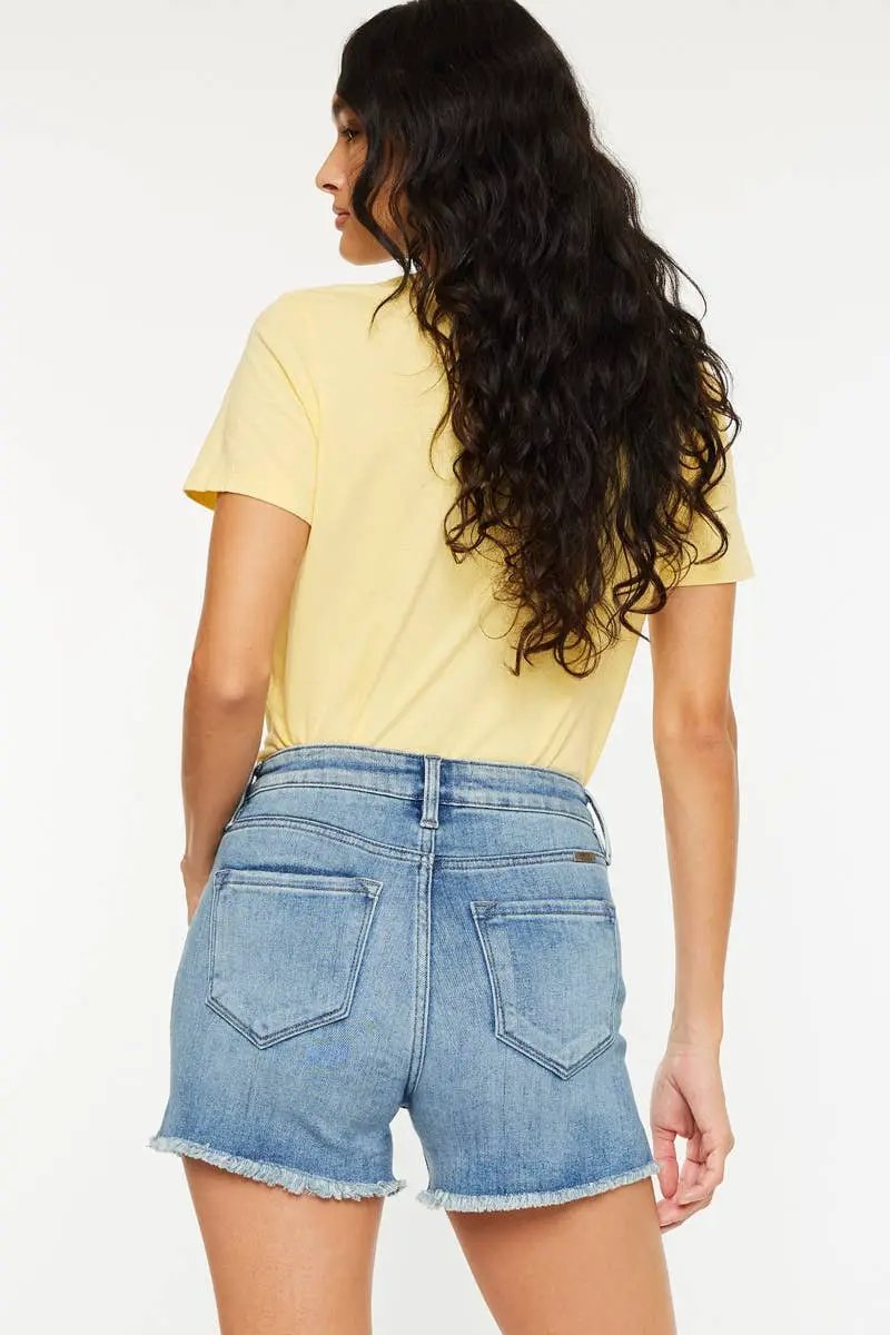 Kan Can USA KanCan High Rise Medium Wash Open Seam Side Slit Denim Shorts - Shorts