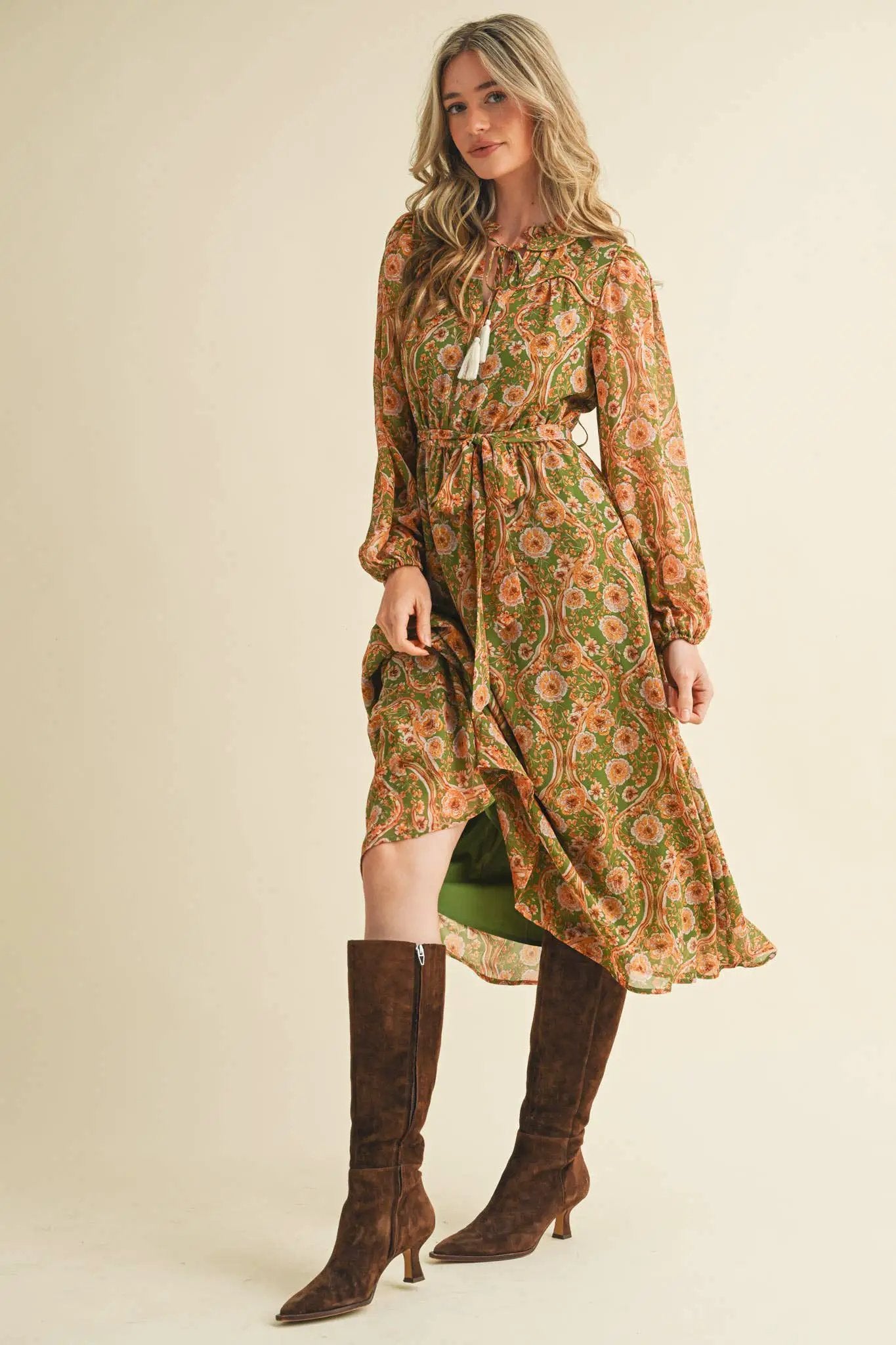 &MERCI Golden Grove Tassel Belted Midi Dress – Olive Floral - Dresses