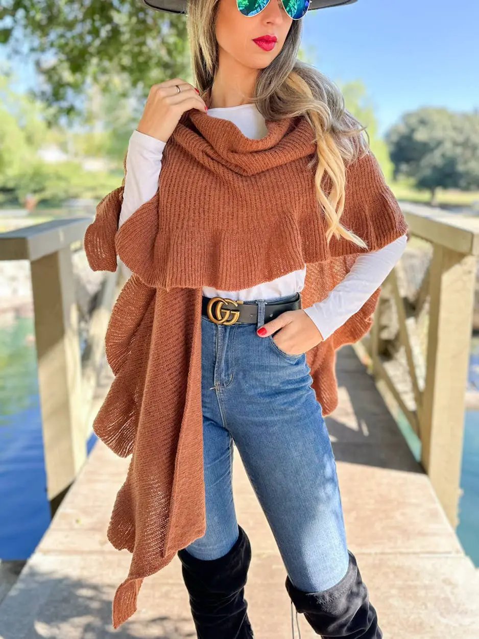 AMOLI The Soft Brown Ruffle Detail Open Front Lightweight Ruana Shawl - Scarves & Shawls
