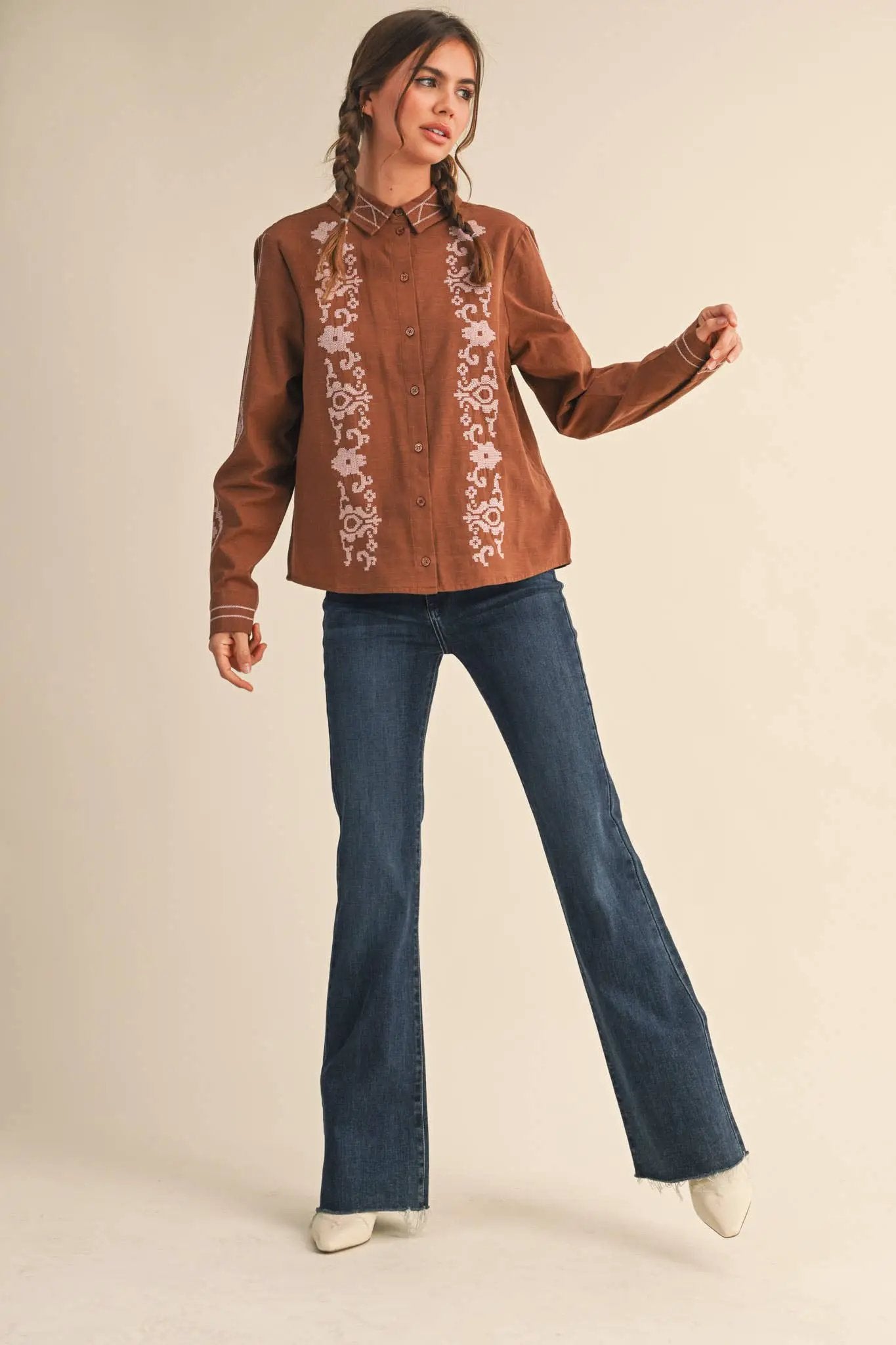 &MERCI &merci - Embroidered Button-Up Top in Mocha Brown - Blouses