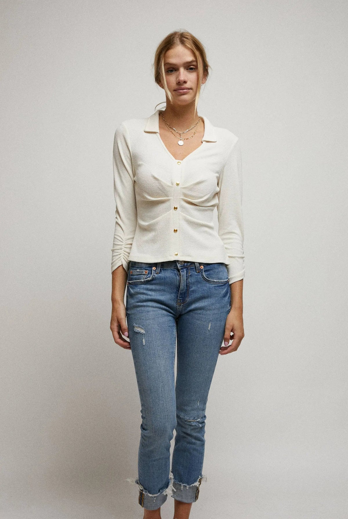 Cerule Cinched 3/4 Sleeves Pleated Front Collar V-Neck Top - Clothing Tops
