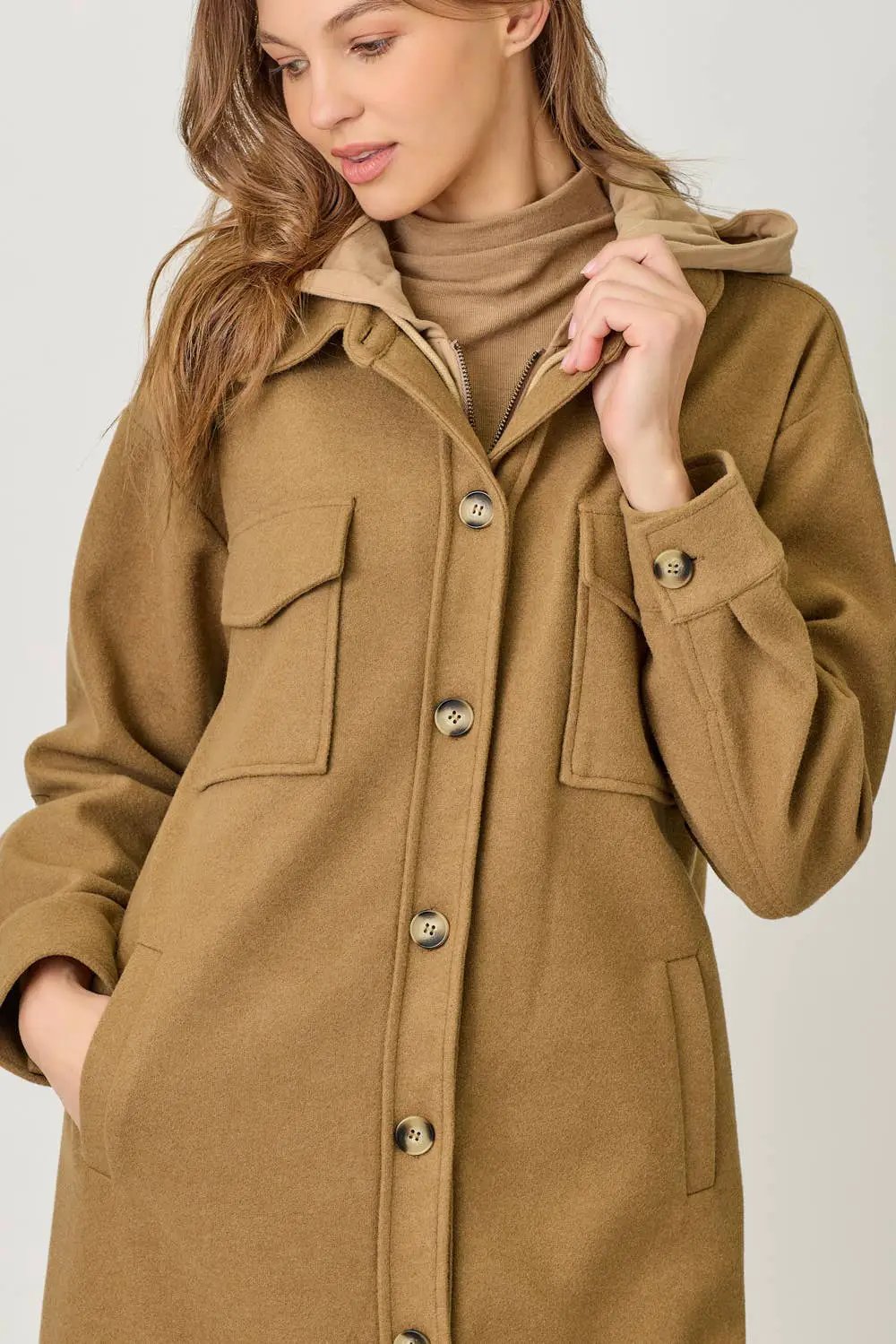 Mystree Mystree - Warm Sand Twofer Hoodie Long Coat - Overcoats