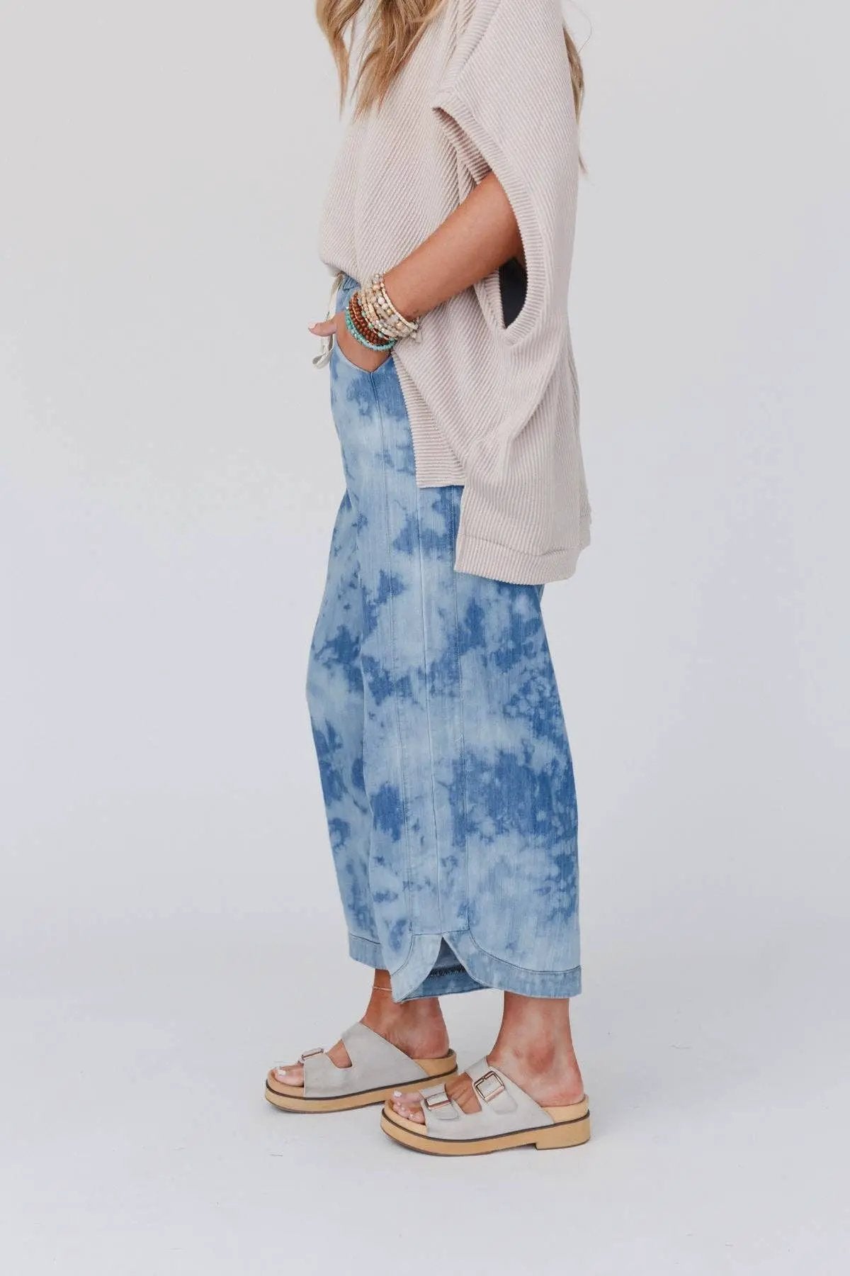 Three Bird Nest Three Bird Nest - So Comfy Wide Leg Cropped Pant - Bleach Dye Denim - Pants