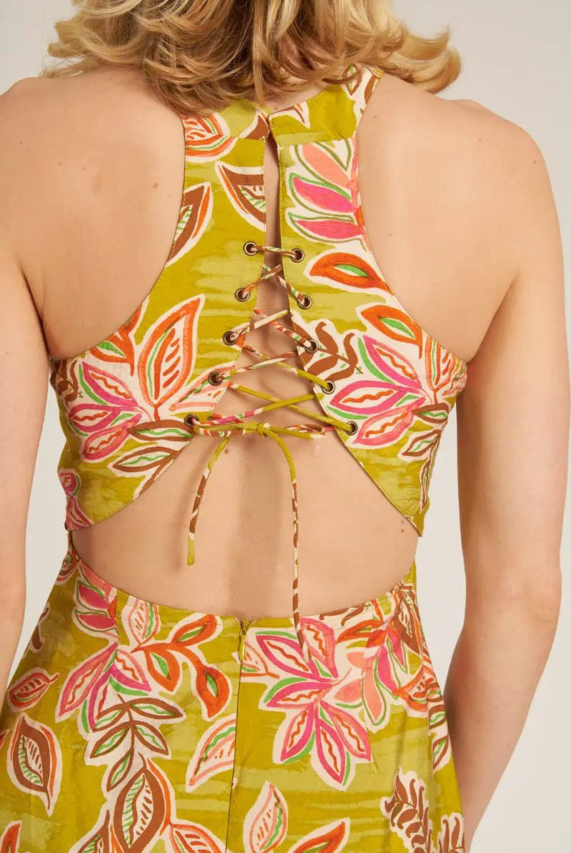 En Crème En Crème Lime Printed Halter Neck Lace-Up Back Midi Dress - Dresses halter neck lace-up back mini dress
