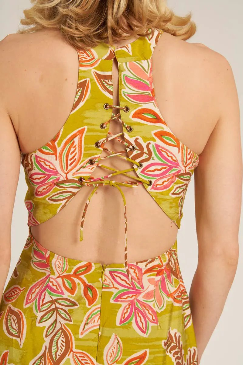 En Crème En Crème Lime Printed Halter Neck Lace-Up Back Midi Dress - Dresses halter neck lace-up back mini dress