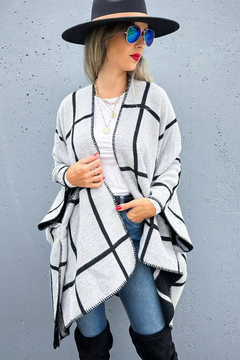 AMOLI AMOLI - Black Grey Dual-Tone Check Printed Cozy Reversible Ruana - Cardigans