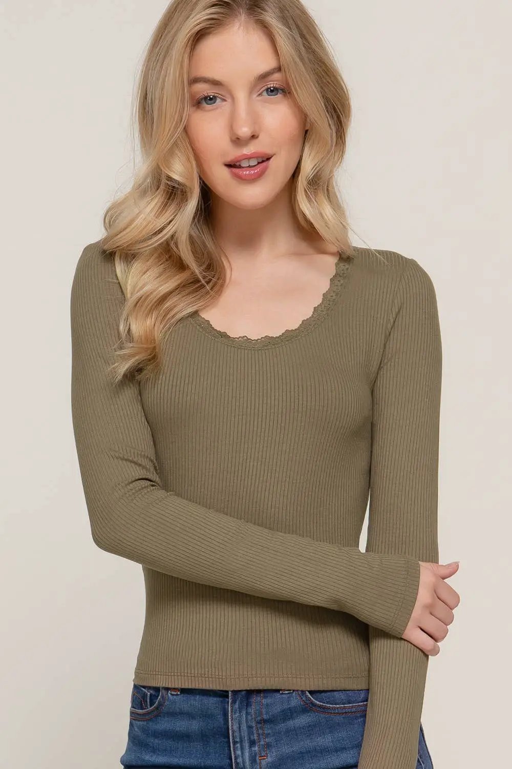 Active Basic | Active USA Active Basic | Active USA - Long Sleeve Scoop Neck with Lace Trim Rib Knit Top in Army Olive - Sweaters