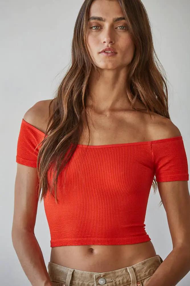 By Together Scarlet Knit Seamless Ribbed Off Shoulder Crop Top - Crop Tops